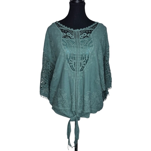 5/$25 Democracy Small Green 3/4 Wide Sleeve Tie Front Blouse Embroidered Lace - Picture 1 of 12